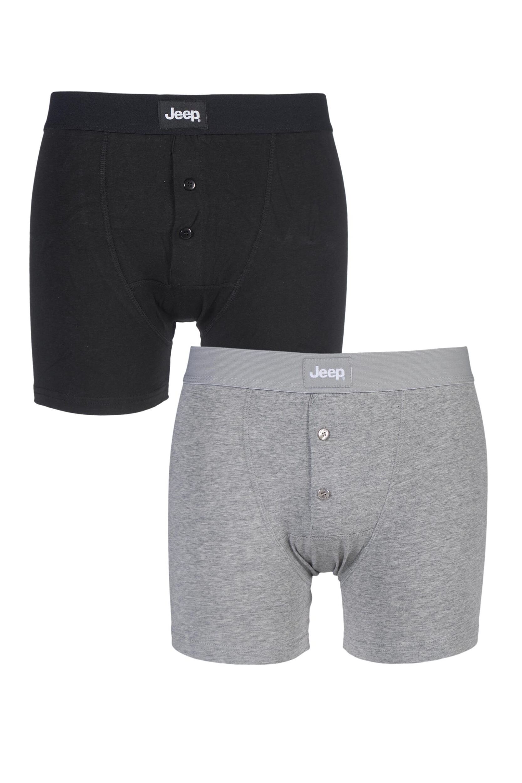 2 Pack Black / Grey Marl Cotton Plain Fitted Button Front Trunk Boxer Shorts Men's Medium - Jeep