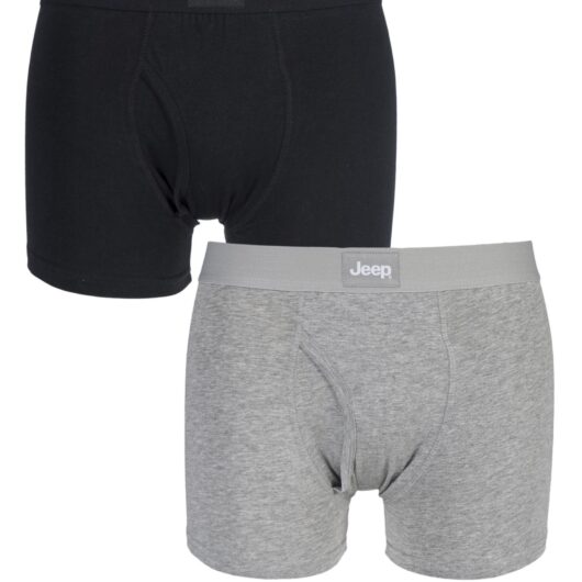 2 Pack Black / Grey Marl Cotton Plain Fitted Key Hole Trunk Boxer Shorts Men's Medium - Jeep