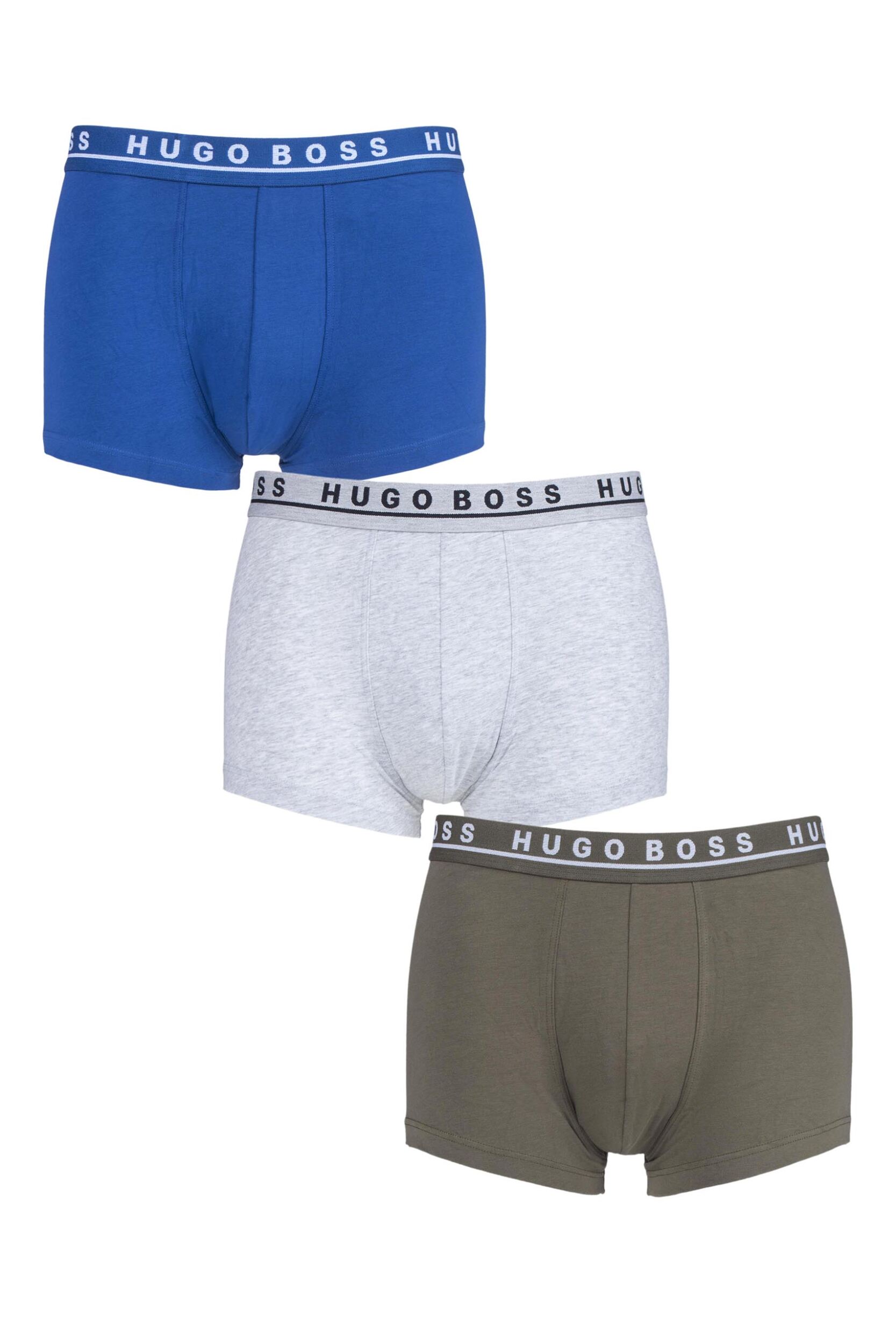 3 Pack Blue / Grey / Olive BOSS Plain Cotton Stretch Trunks Men's Extra Large - Hugo Boss