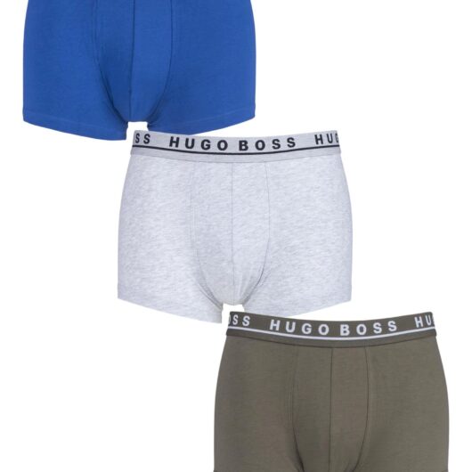 3 Pack Blue / Grey / Olive BOSS Plain Cotton Stretch Trunks Men's Small - Hugo Boss