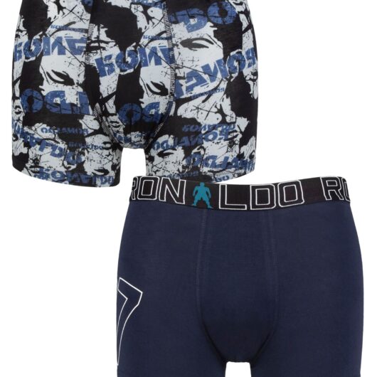 Boys 2 Pack CR7 Cotton Boxer Shorts Navy/Grey Print 13-15 Years