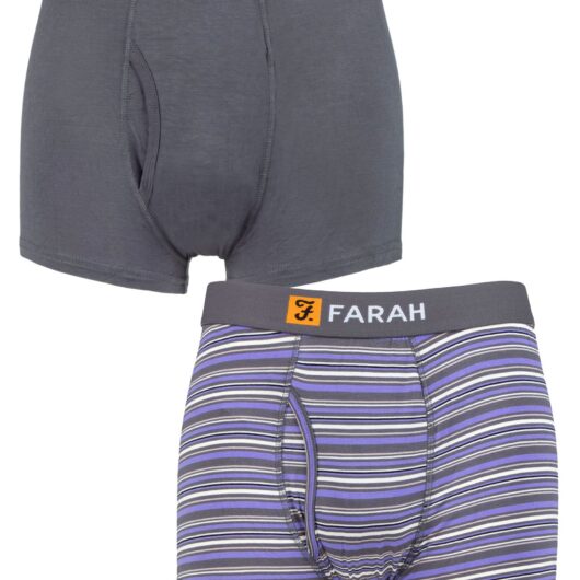 Mens 2 Pack Farah Classic Striped and Plain Bamboo Keyhole Trunks Charcoal/Purple XL