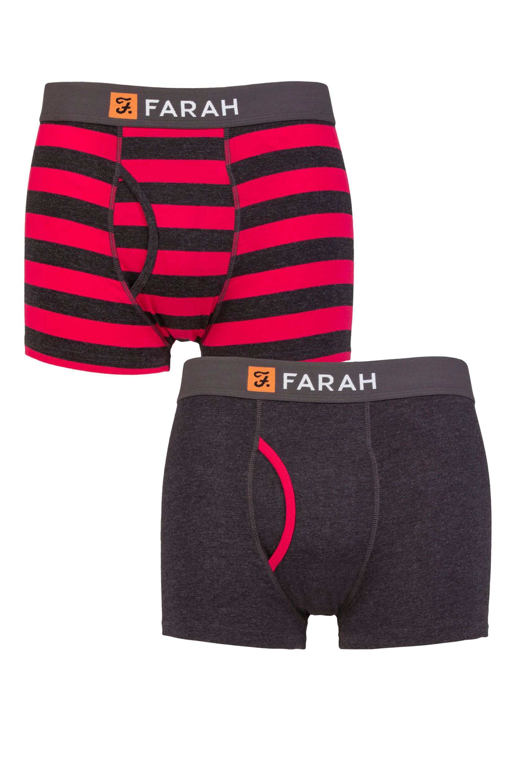 Mens 2 Pack Farah Plain and Striped Cotton Classic Keyhole Trunks Broad Stripe Charcoal / Red M