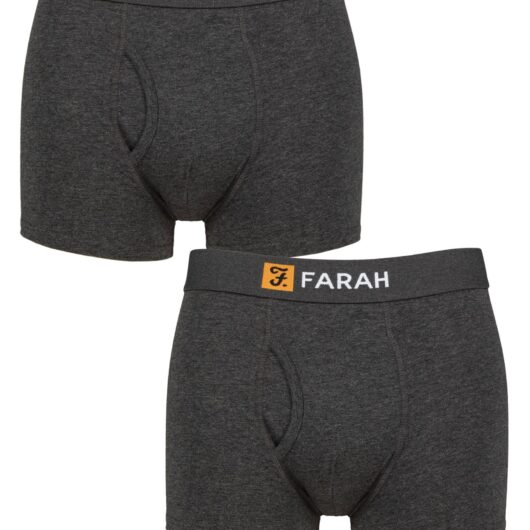 Mens 2 Pack Farah Plain and Striped Cotton Classic Keyhole Trunks Charcoal / Charcoal XL