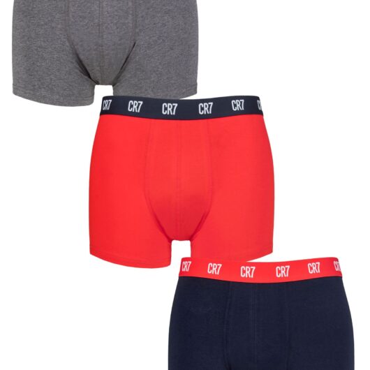 Mens 3 Pack CR7 Cotton Trunks Grey/Red/Navy Small