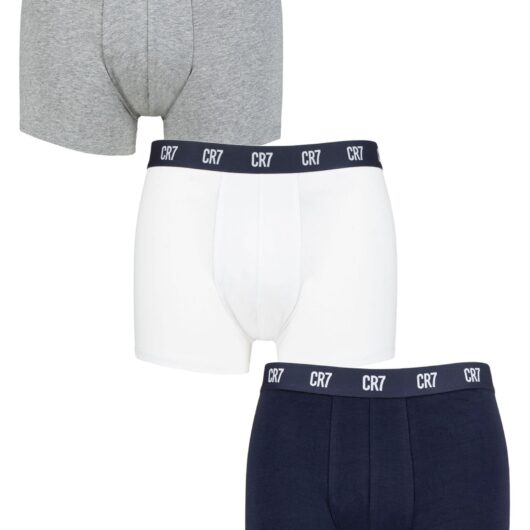 Mens 3 Pack CR7 Cotton Trunks Grey/White/Navy XX Large