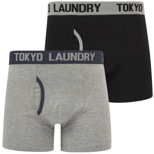 Mens Underwear Abbots 2 (2 Pack) Boxer Shorts Set in Light Grey Marl / Ombre Blue / S - Tokyo Laundry