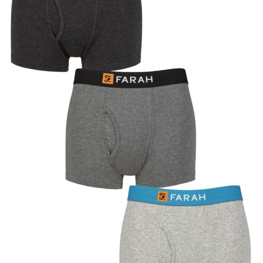 Mens 3 Pack Farah Cotton Keyhole Trunks Charcoal / Mid Grey XXL