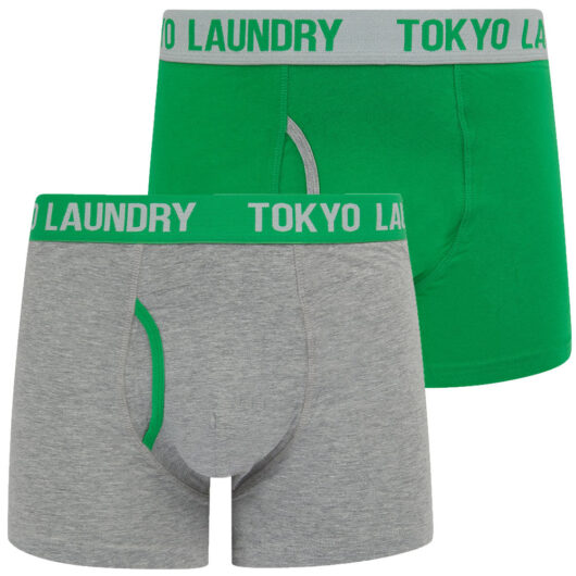 Mens Underwear Mous (2 Pack) Boxer Shorts Set in Green Bee / Light Grey Marl / S - Tokyo Laundry