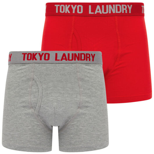 Mens Underwear Tower 2 (2 Pack) Boxer Shorts Set in Mars Red / Light Grey Marl / S - Tokyo Laundry