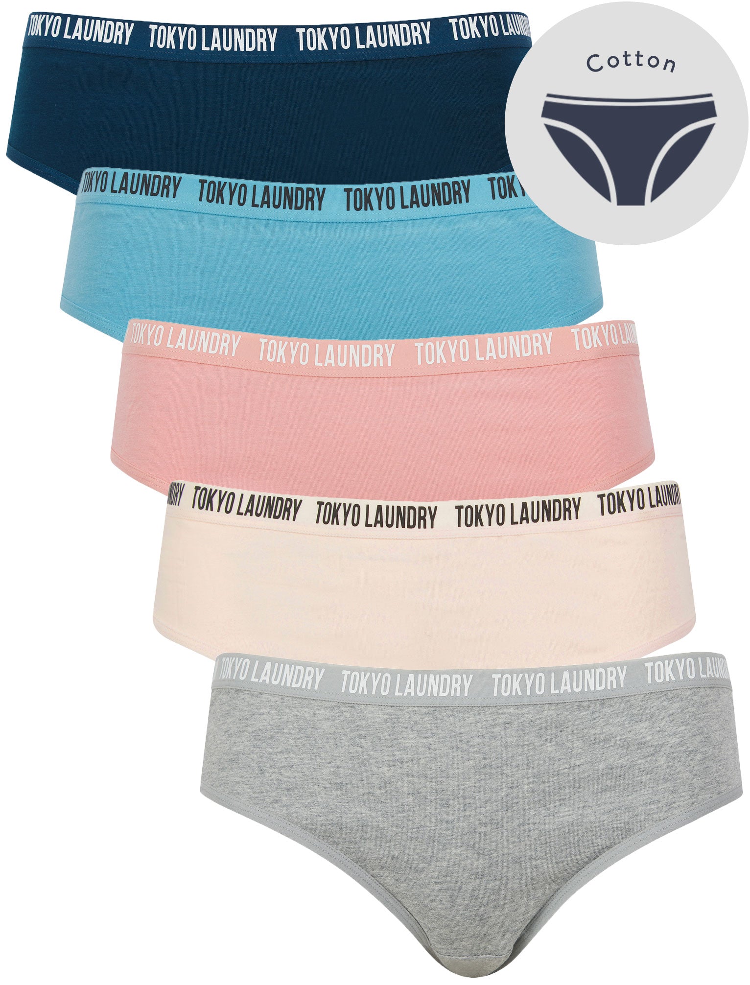 Womens Underwear Zara 10 (5 Pack) Assorted Stretch Cotton Briefs in Light Grey Marl / Rosewater / Bridal Rose / Heritage Blue / Poseidon Blue / XS - Tokyo Laundry