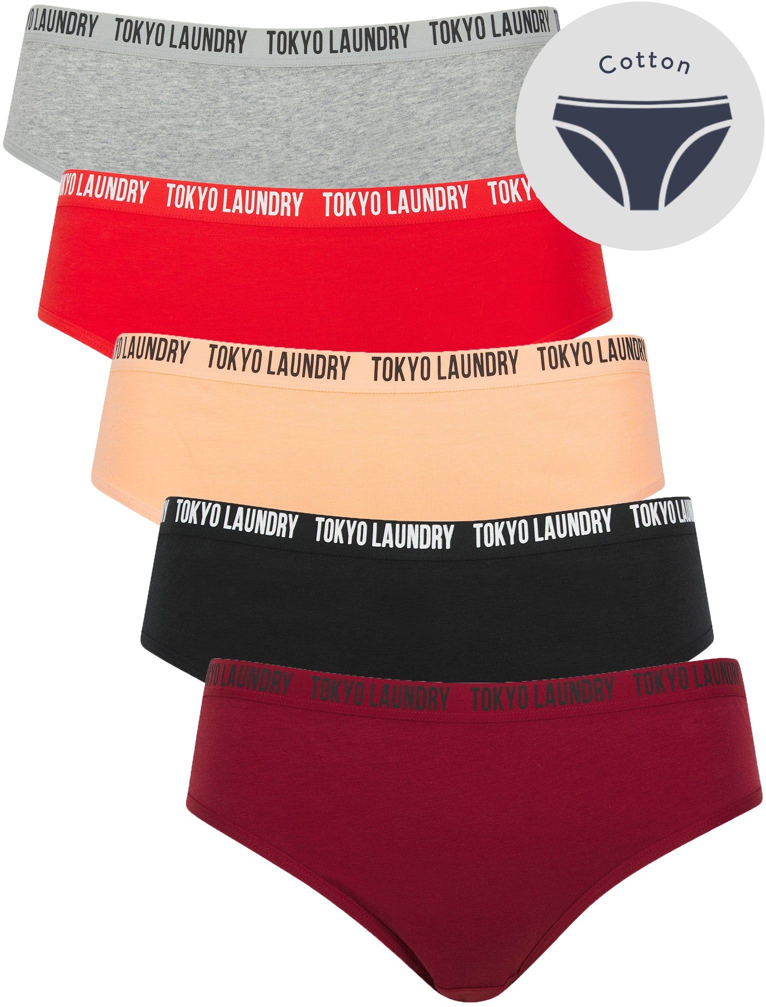 Womens Underwear Zara 11 (5 Pack) Assorted Stretch Cotton Briefs in Red Dahlia / Jet Black / Peach Nectar / Flame Scarlet / Light Grey Marl / XS - Tokyo Laundry
