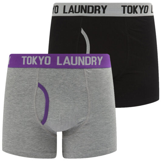 Mens Underwear Wilton 2 (2 Pack) Boxer Shorts Set in Light Grey Marl / Royal Purple / S - Tokyo Laundry
