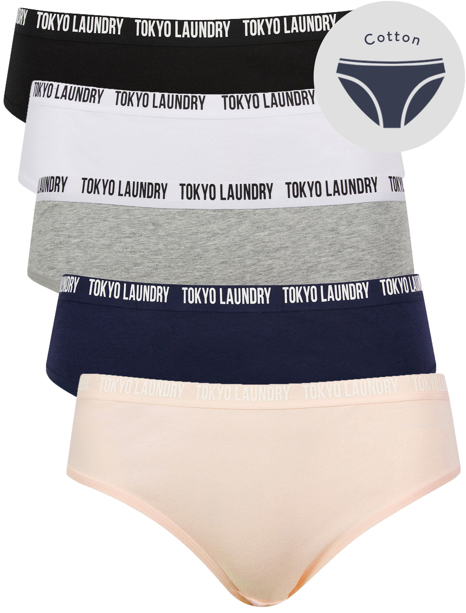 Womens Underwear Zara 16 (5 Pack) Assorted Stretch Cotton Briefs in Rosewater / Peacoat Blue / Light Grey Marl / Bright White / Jet Black / XS - Tokyo Laundry