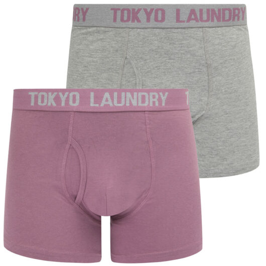 Mens Underwear Sanak (2 Pack) Boxer Shorts Set in Light Grey Marl / Grapeade / S - Tokyo Laundry