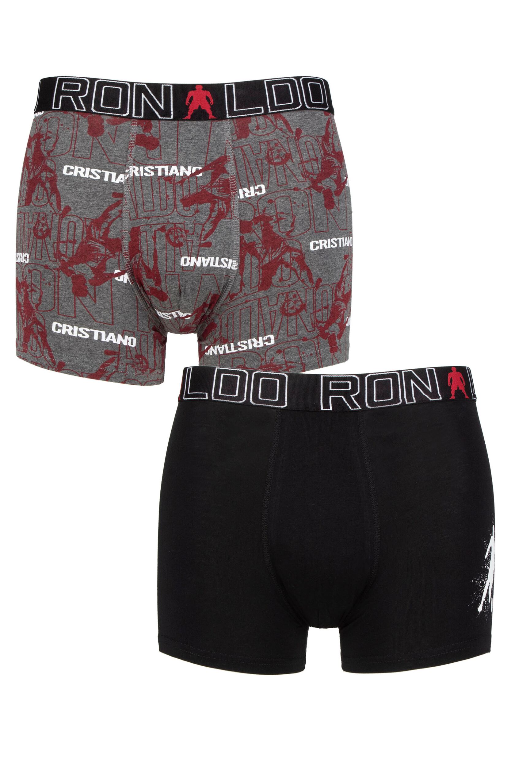 Boys 2 Pack CR7 Cotton Boxer Shorts Grey Print/Black 13-15 Years